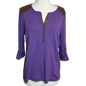 Lauren Ralph Lauren Henley top with faux suede shoulder patches Purple size XL